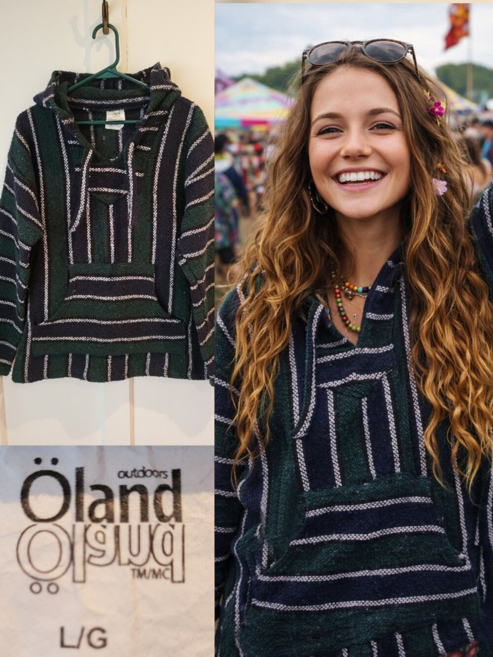 Oland Authentic Baja Hoodie 100% reclaimed fibers Green Navy Drug Rug Festival